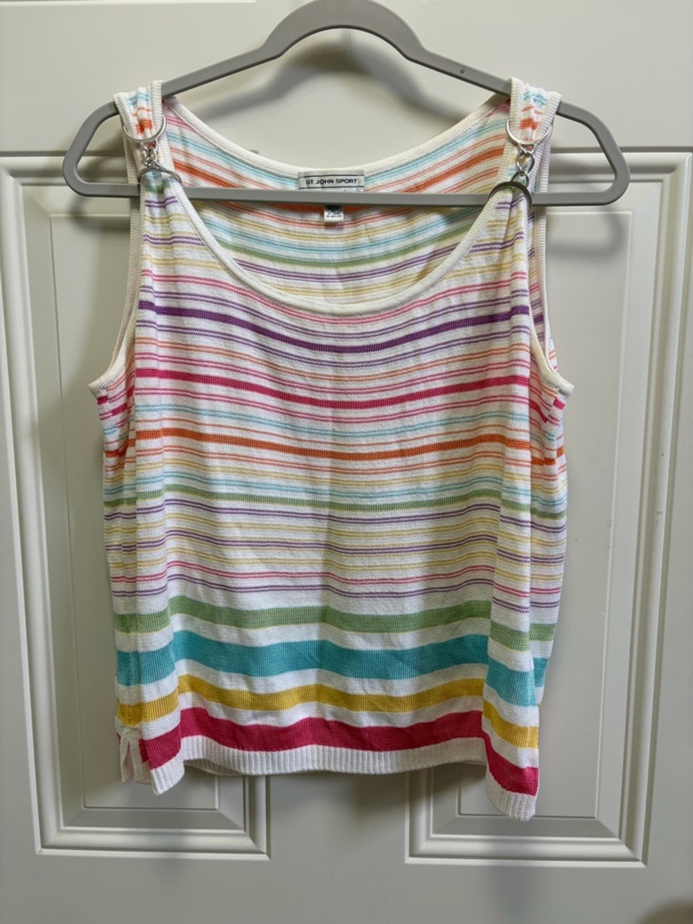 St. John Sport knit tank multicolor stripes, silver link details on the straps L